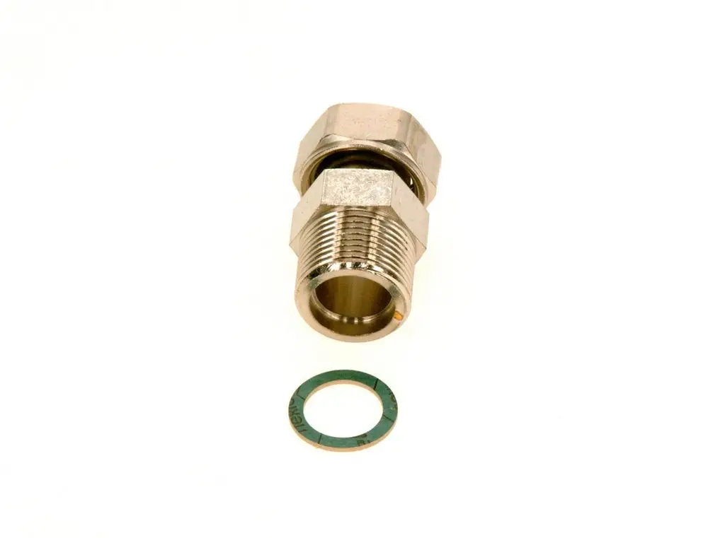 Kupplung von Bosch mit einer metalischen Oberfläche und einer Dichtung. Die Kupplung hat ein gängiges Gewinde und liegt neben einem grünen Dichtungsring auf weißem Hintergrund.